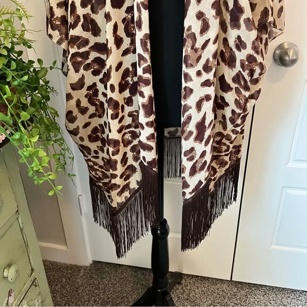Soul Young Leopard & Floral Open Front Fringe Hem 2 Kimono Duster Blouses O/S - Picture 7 of 16